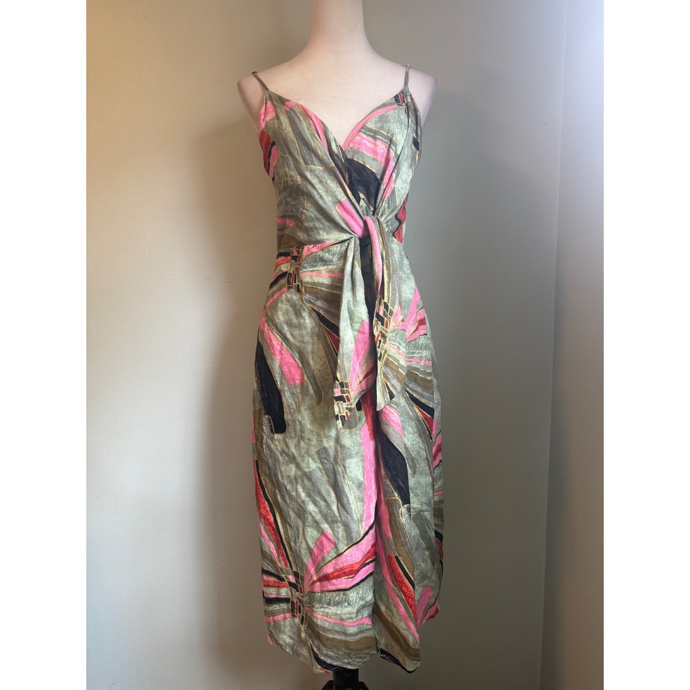 Jason Wu Abstract Geometric Linen resort Blend Tie boho Midi Dress‎ Green Pink 6